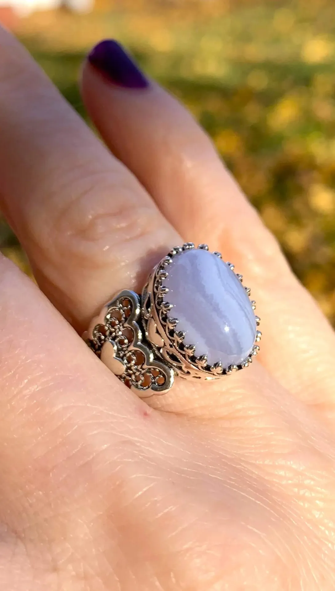 Romantic Blue Lace Agate Heart Sterling Silver Ring - Perfect Valentine's Day Gift, Vintage Style, Artistic Jewelry