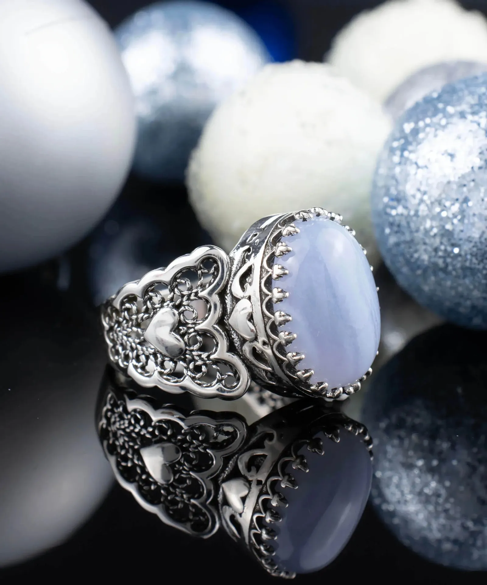 Romantic Blue Lace Agate Heart Sterling Silver Ring - Perfect Valentine's Day Gift, Vintage Style, Artistic Jewelry