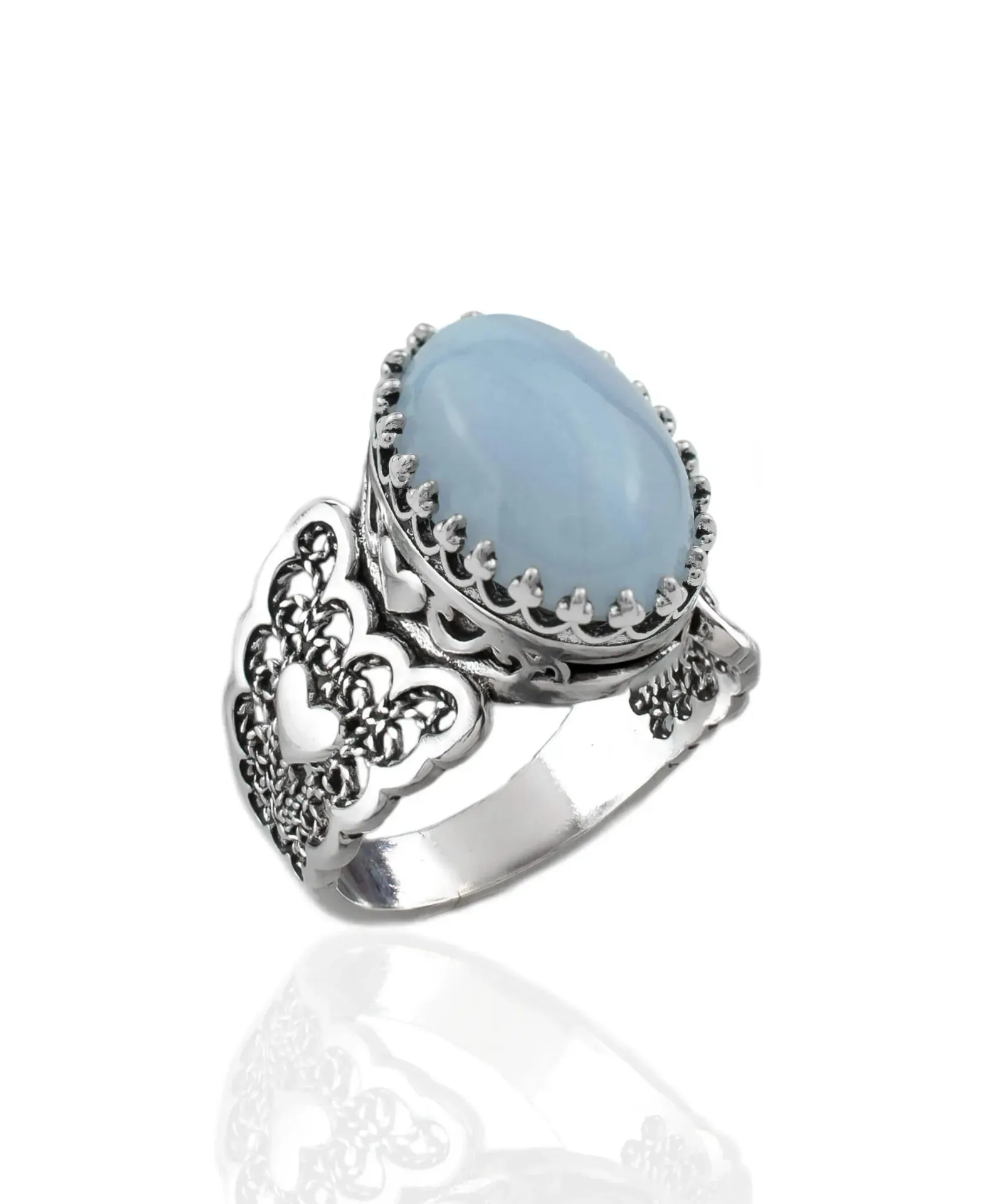 Romantic Blue Lace Agate Heart Sterling Silver Ring - Perfect Valentine's Day Gift, Vintage Style, Artistic Jewelry