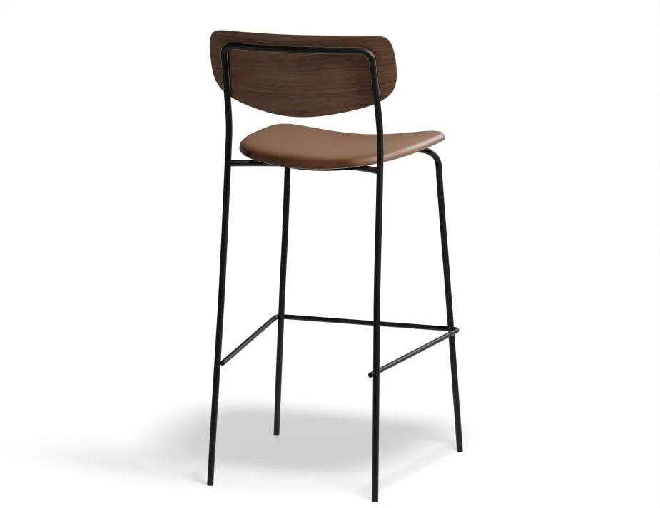 Rylie Stool - Padded Seat with Walnut Backrest - 65cm Kitchen Height - Black Vegan Leather Seat