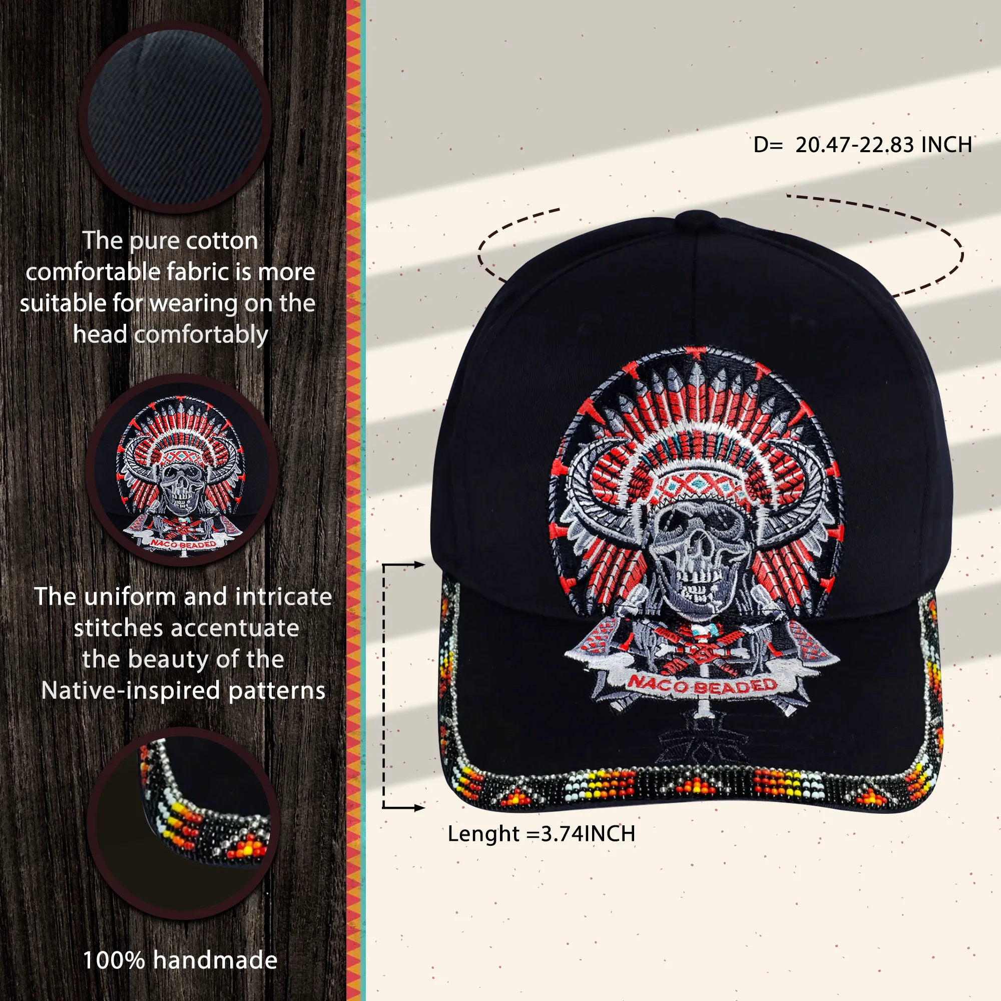 SALE 50% OFF - Skull Headdress Embroidered Beaded Baseball Cap With Brim Unisex Native American Style