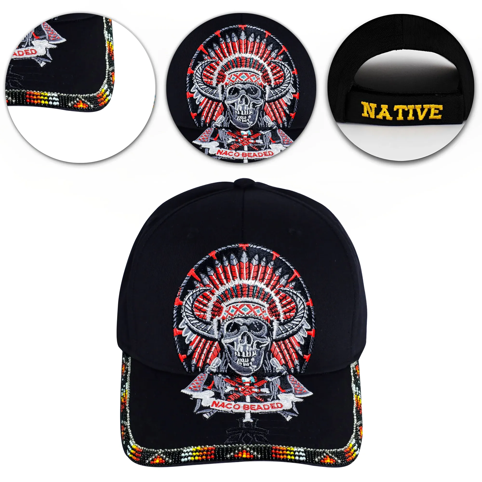 SALE 50% OFF - Skull Headdress Embroidered Beaded Baseball Cap With Brim Unisex Native American Style