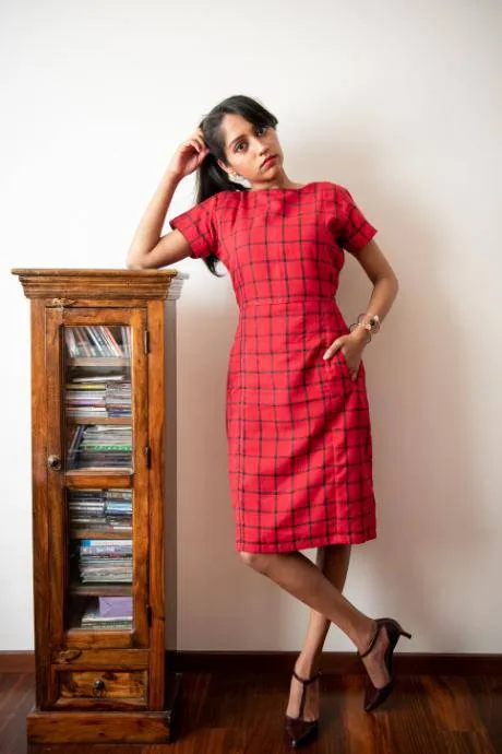 Scarlet Red Black Checks Sheath Dress