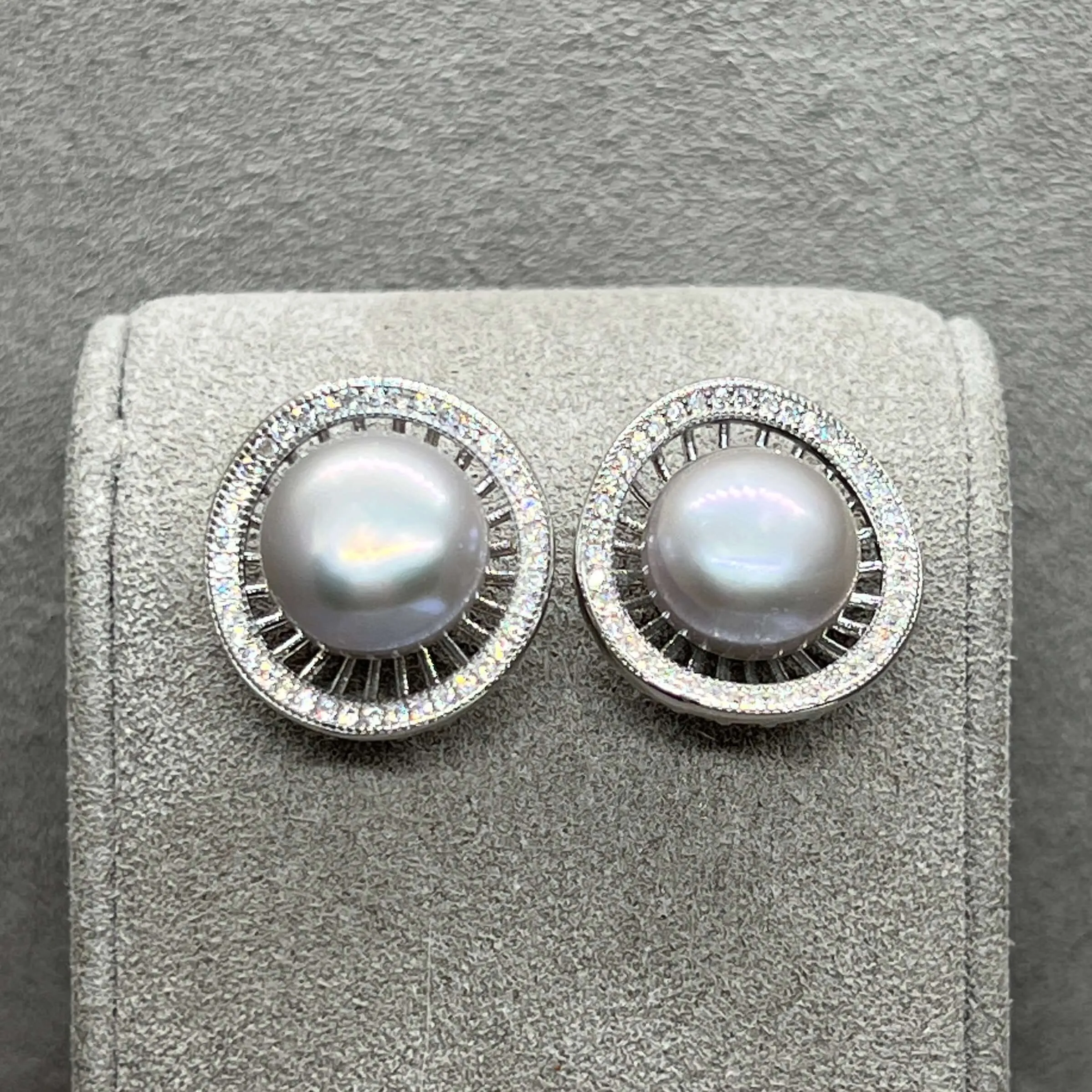 Silvery Grey Freshwater Pearl Basket Stud Earrings