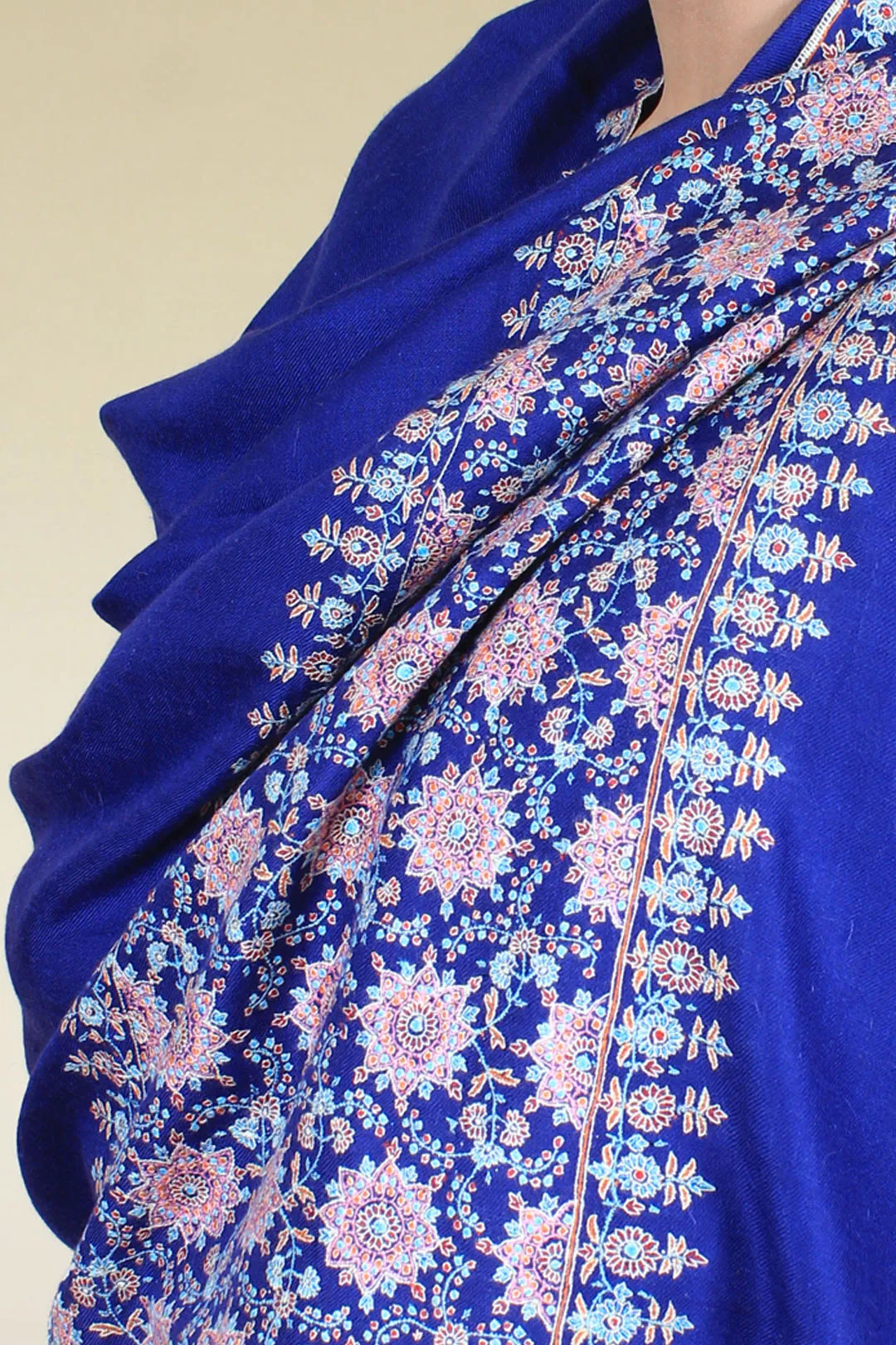 Sweet Voilet Azure Blue Paldar Sozni Embroidered Pashmina Shawl