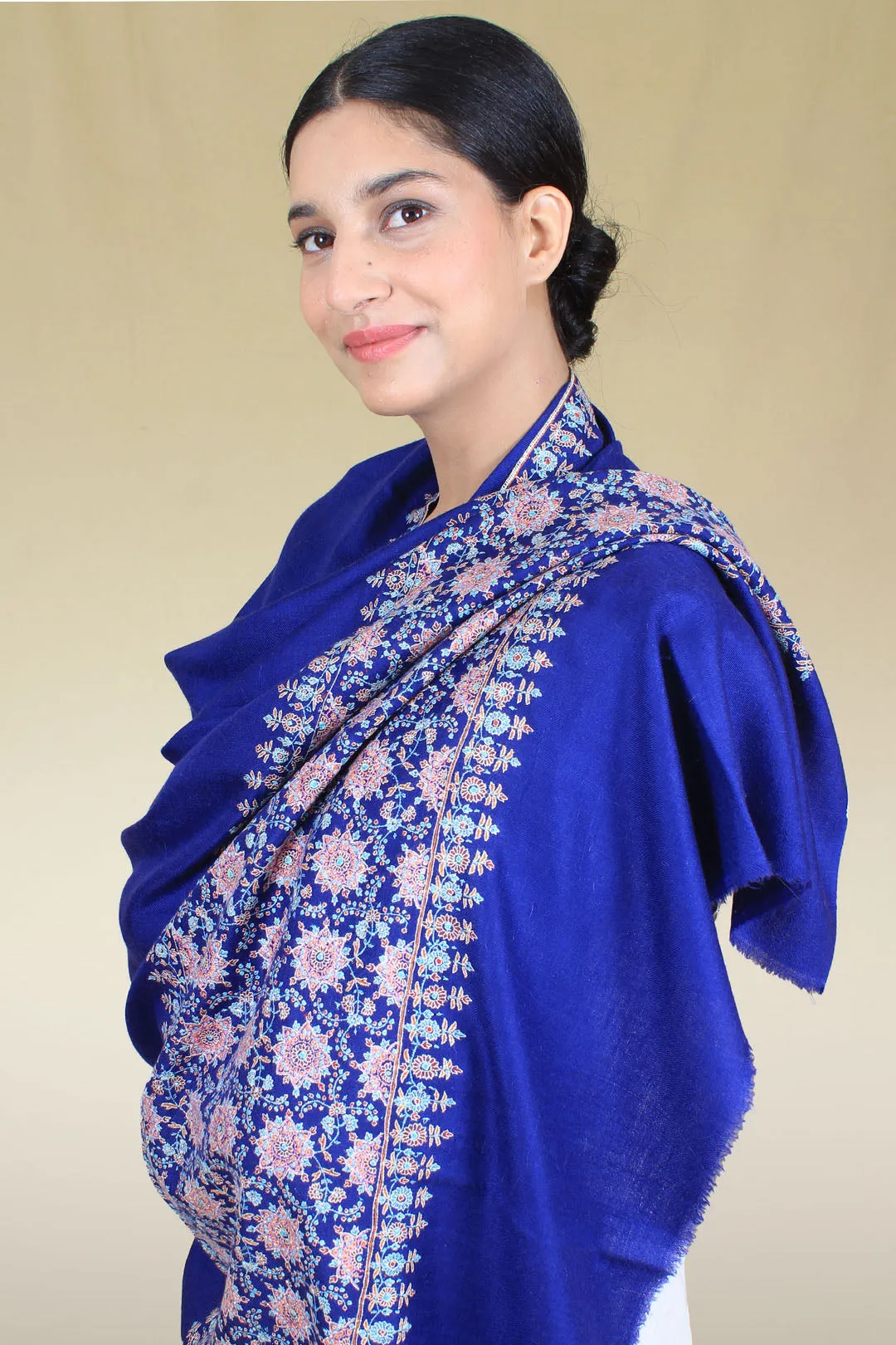 Sweet Voilet Azure Blue Paldar Sozni Embroidered Pashmina Shawl