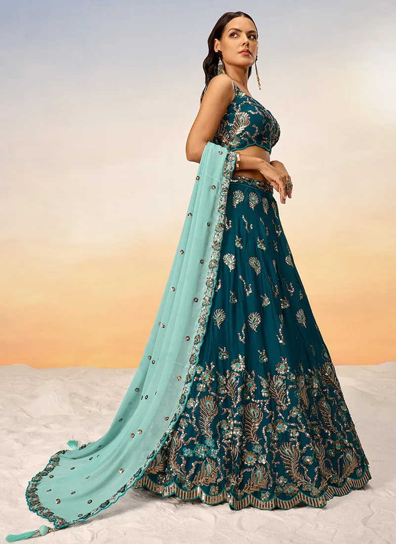 Teal And Mint Green Bridal Embroidered Lehenga Choli