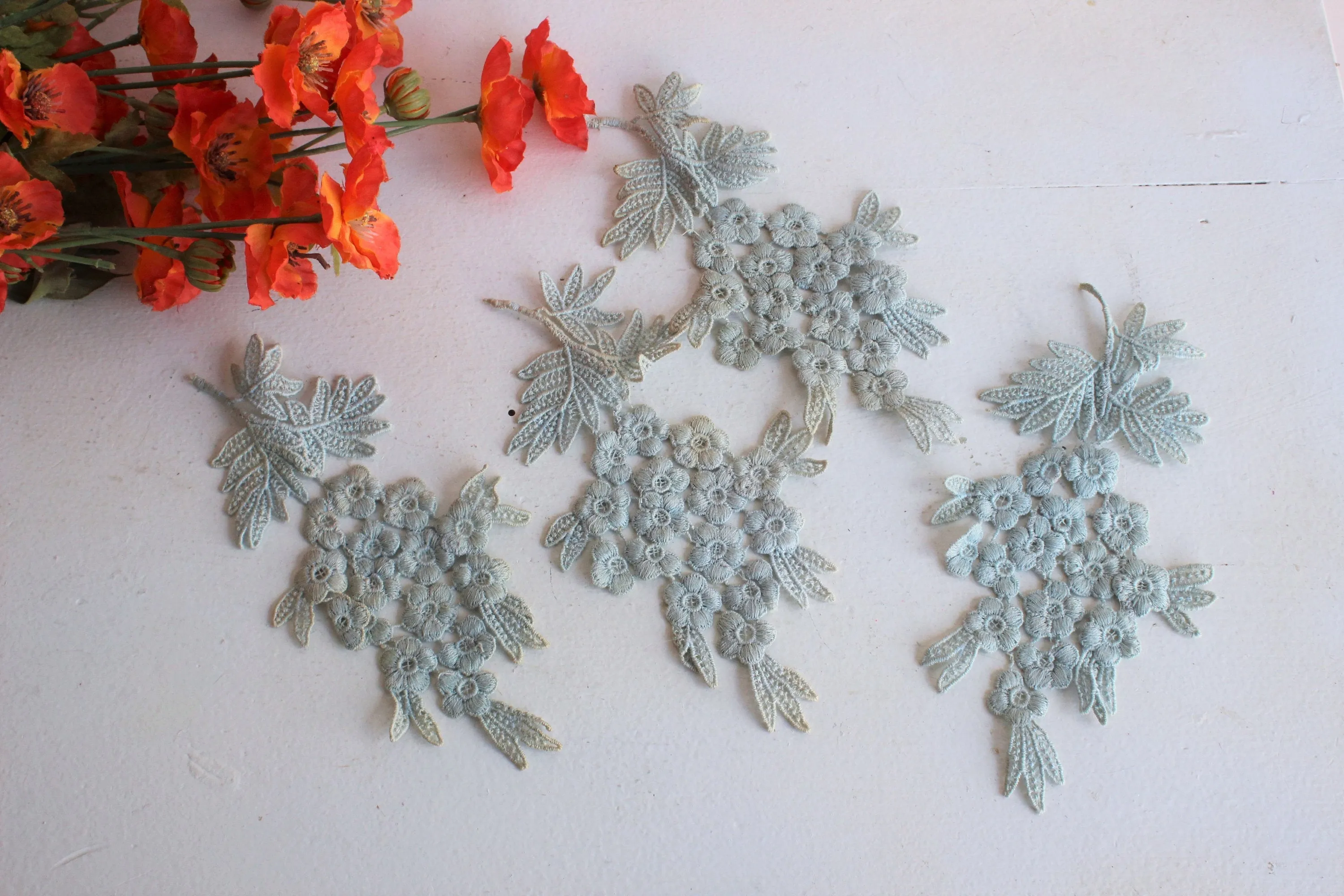 Vintage Blue Appliques, 1 pair Floral Sprays, 8.5" long each. 4.25" width