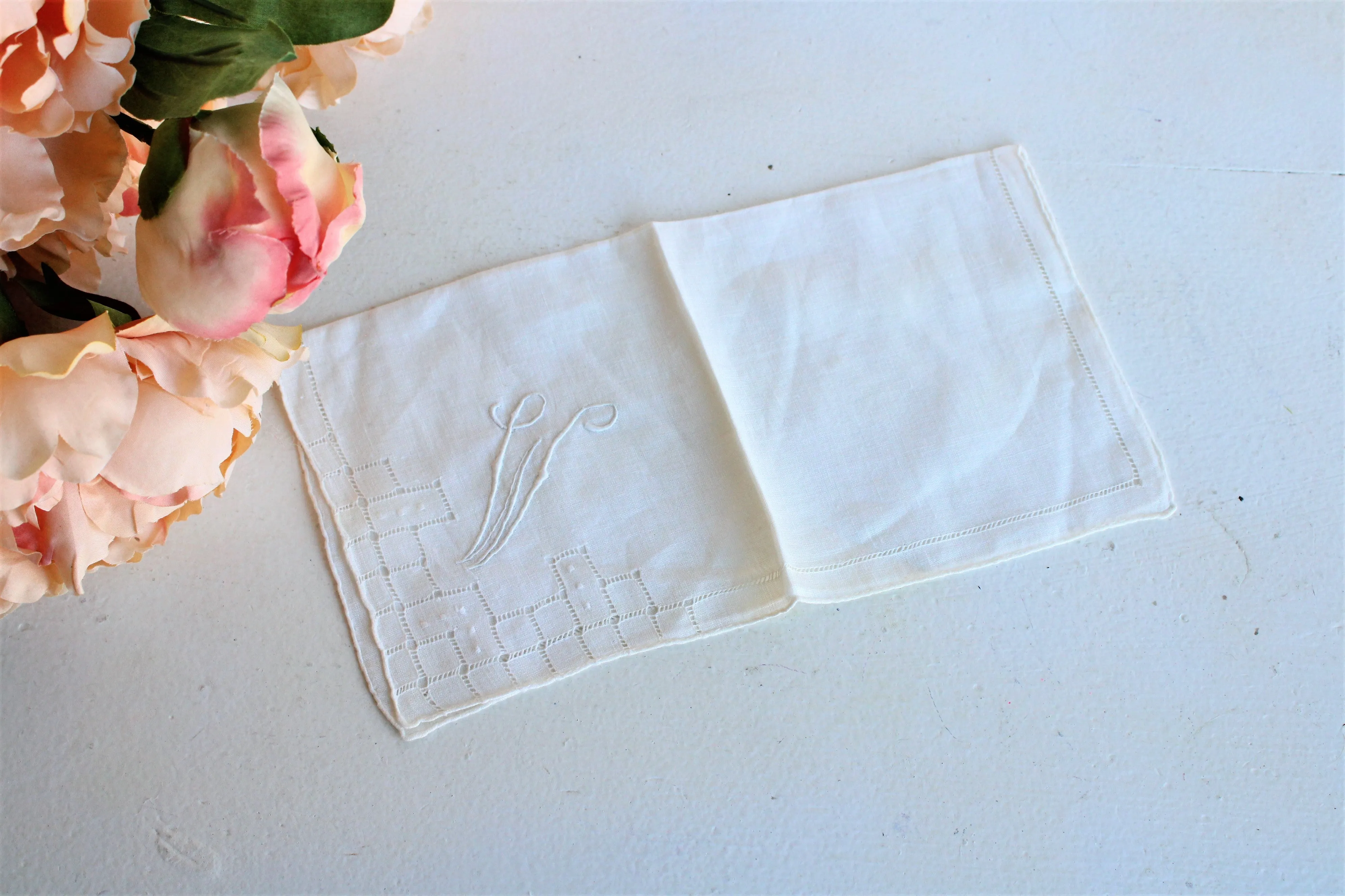 Vintage White Linen Hanky Monogrammed with W