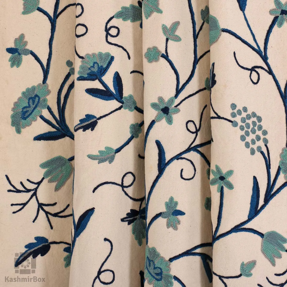 White Bluish Crewel Embroidered Curtain