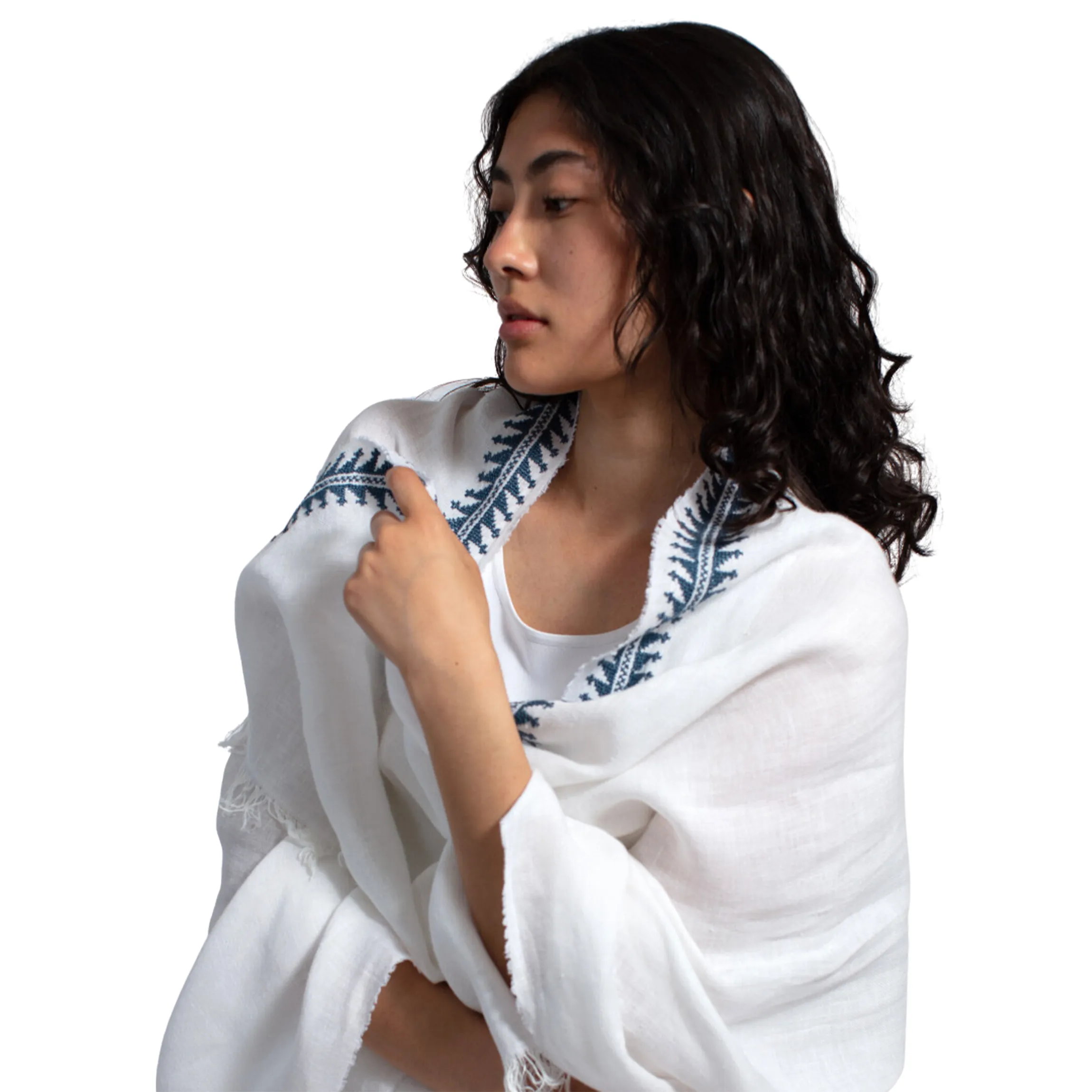 WHITE LINEN SHAWL BLUE MARY MAGDALENE