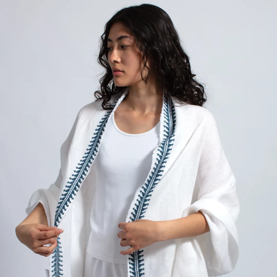 WHITE LINEN SHAWL BLUE MARY MAGDALENE