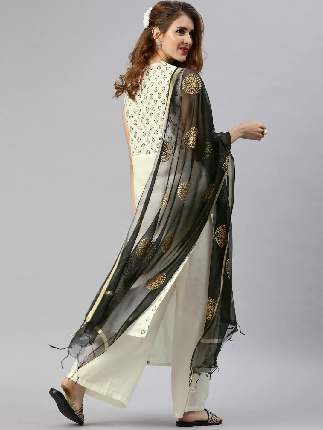 Women White And Black Printed Kurta With Palazzos And Dupatta