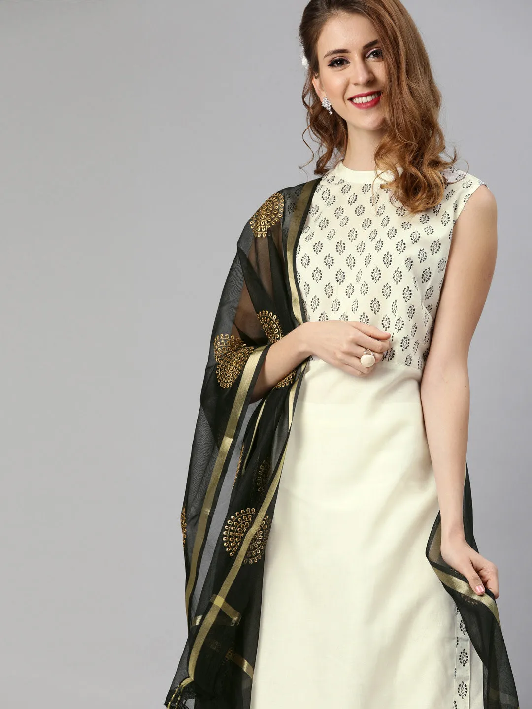 Women White And Black Printed Kurta With Palazzos And Dupatta