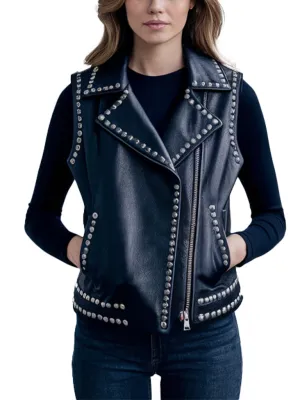 Women's Black Studded Modern Design Leather Vest