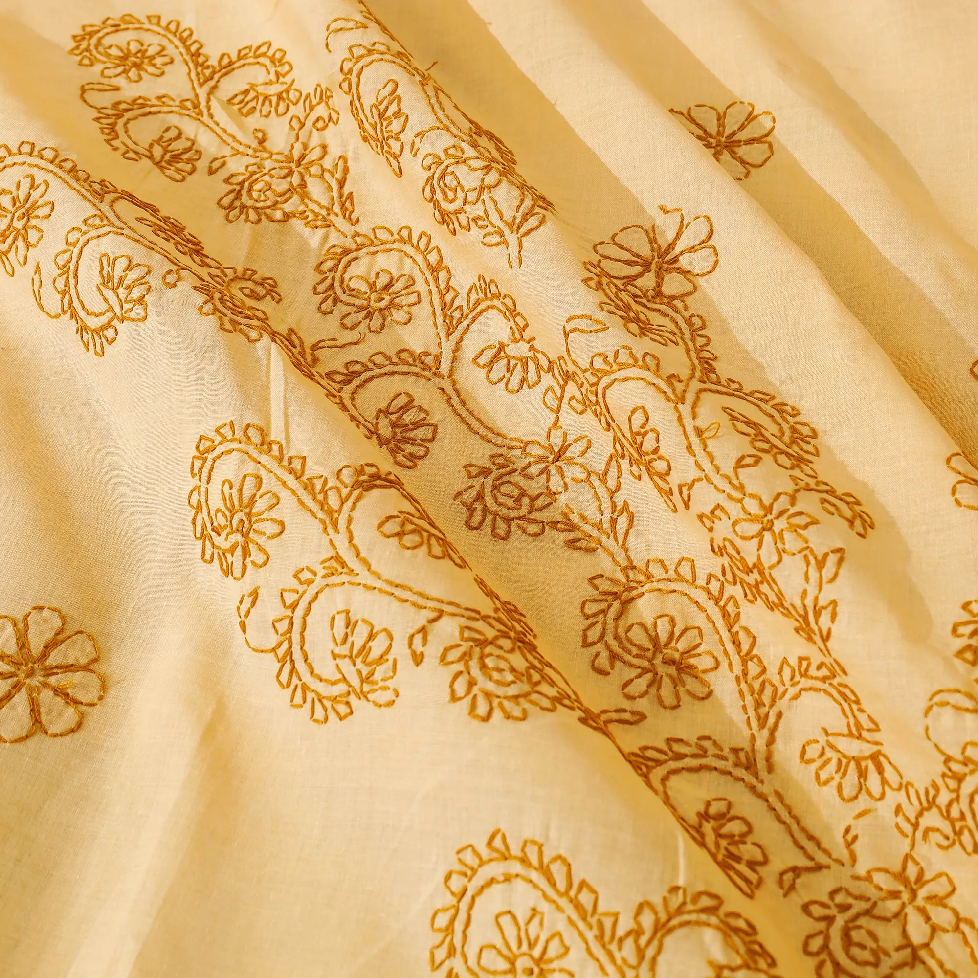 Yellow - Chikankari Hand Embroidery Cotton Double Bedcover with Pillow Covers (102 x 84 in)