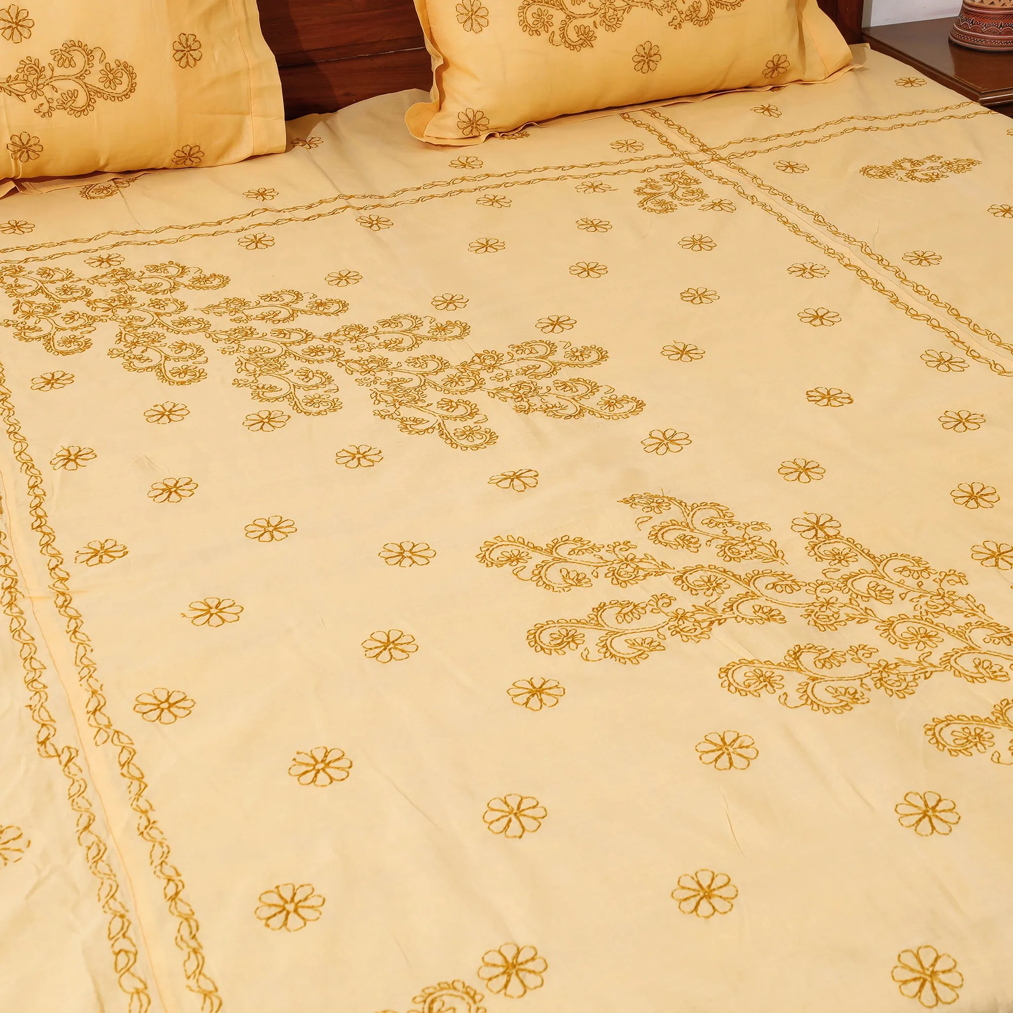 Yellow - Chikankari Hand Embroidery Cotton Double Bedcover with Pillow Covers (102 x 84 in)