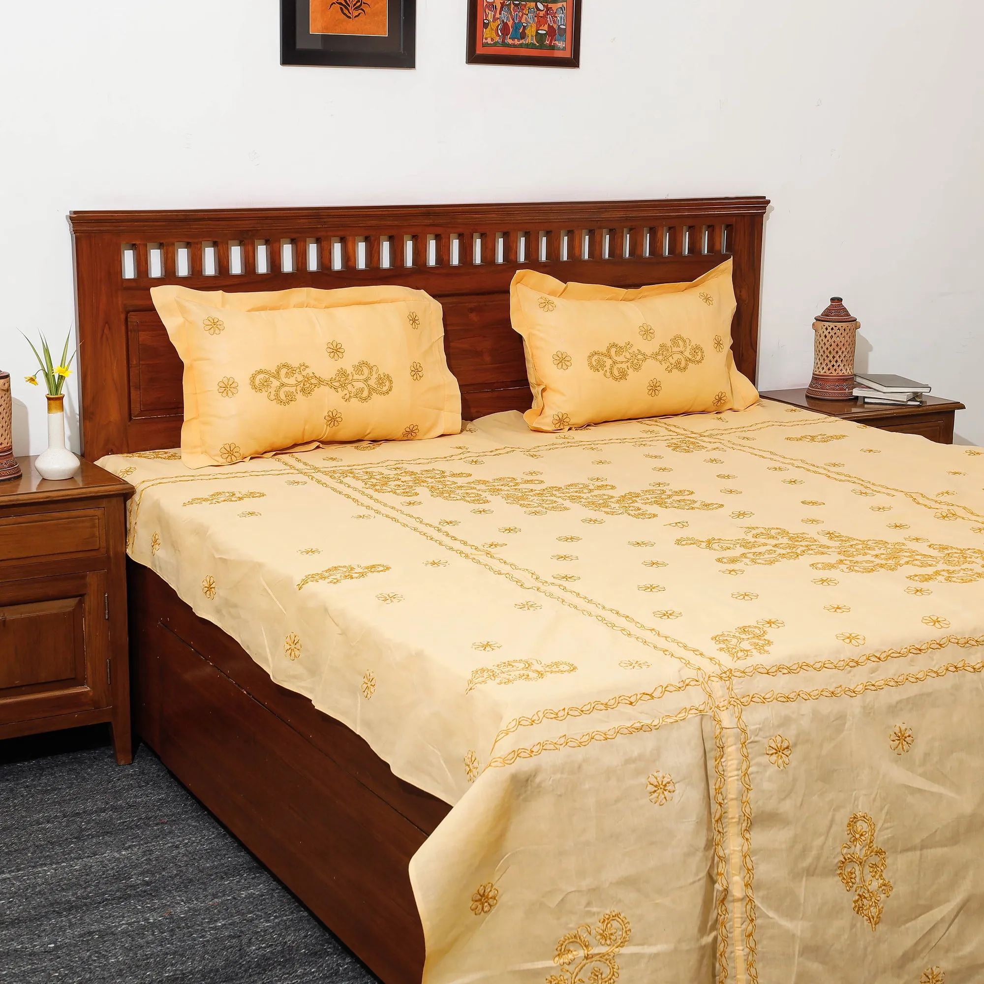 Yellow - Chikankari Hand Embroidery Cotton Double Bedcover with Pillow Covers (102 x 84 in)