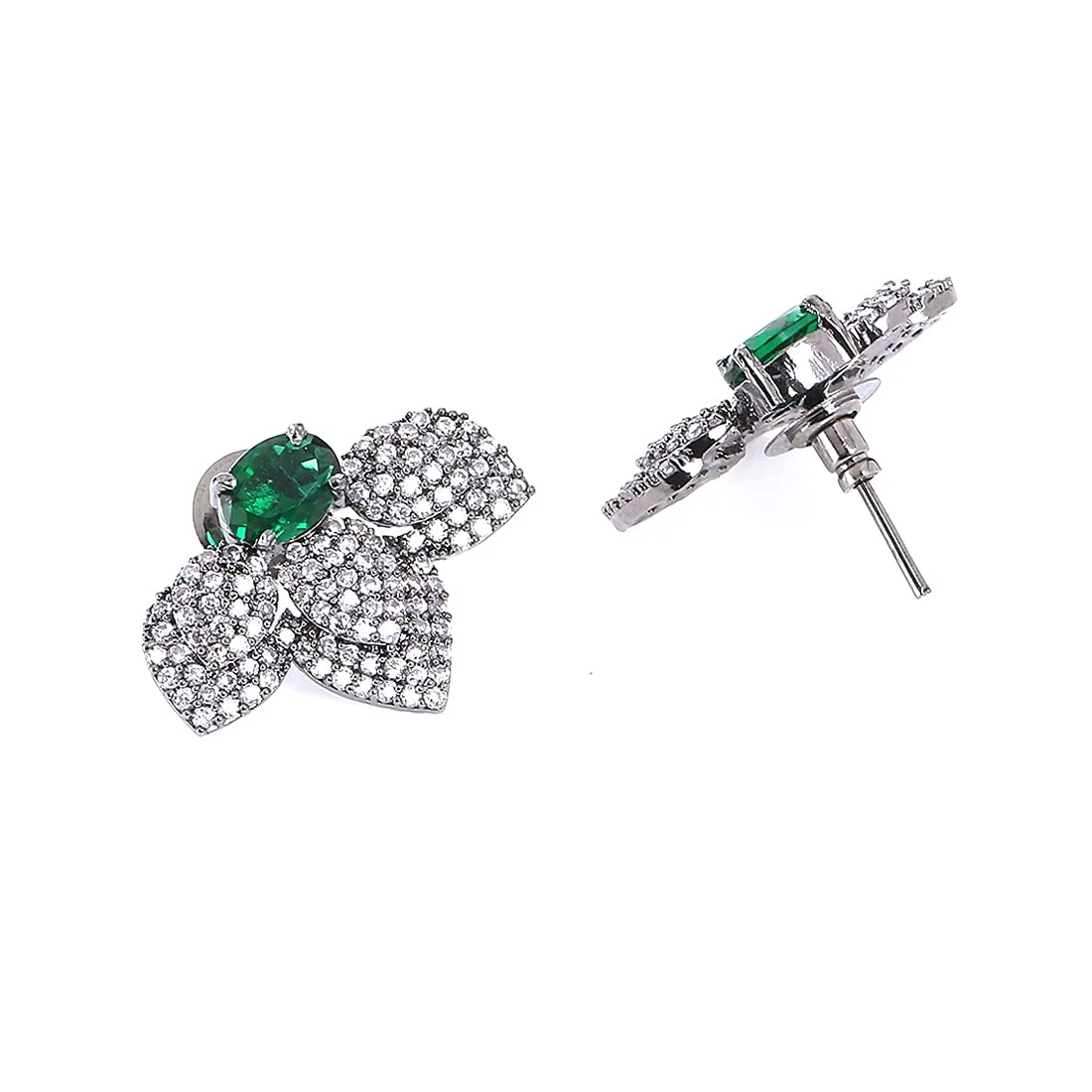 Yellow Chimes Classic AD/American Diamond Studded Black Rhodium Plated Green Flower Stud Earrings for Women and Girls, Medium