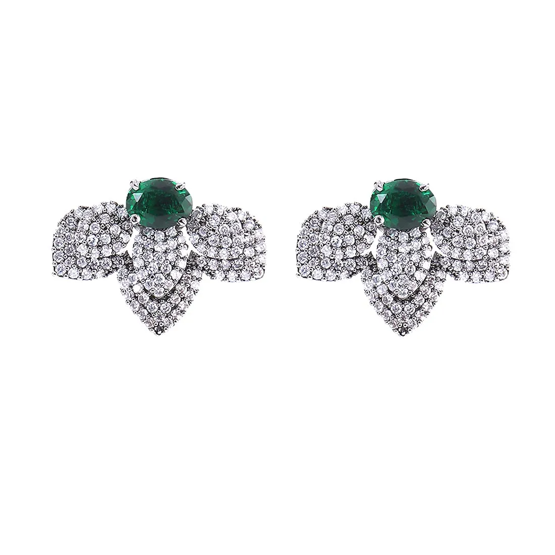 Yellow Chimes Classic AD/American Diamond Studded Black Rhodium Plated Green Flower Stud Earrings for Women and Girls, Medium