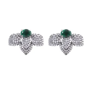 Yellow Chimes Classic AD/American Diamond Studded Black Rhodium Plated Green Flower Stud Earrings for Women and Girls, Medium