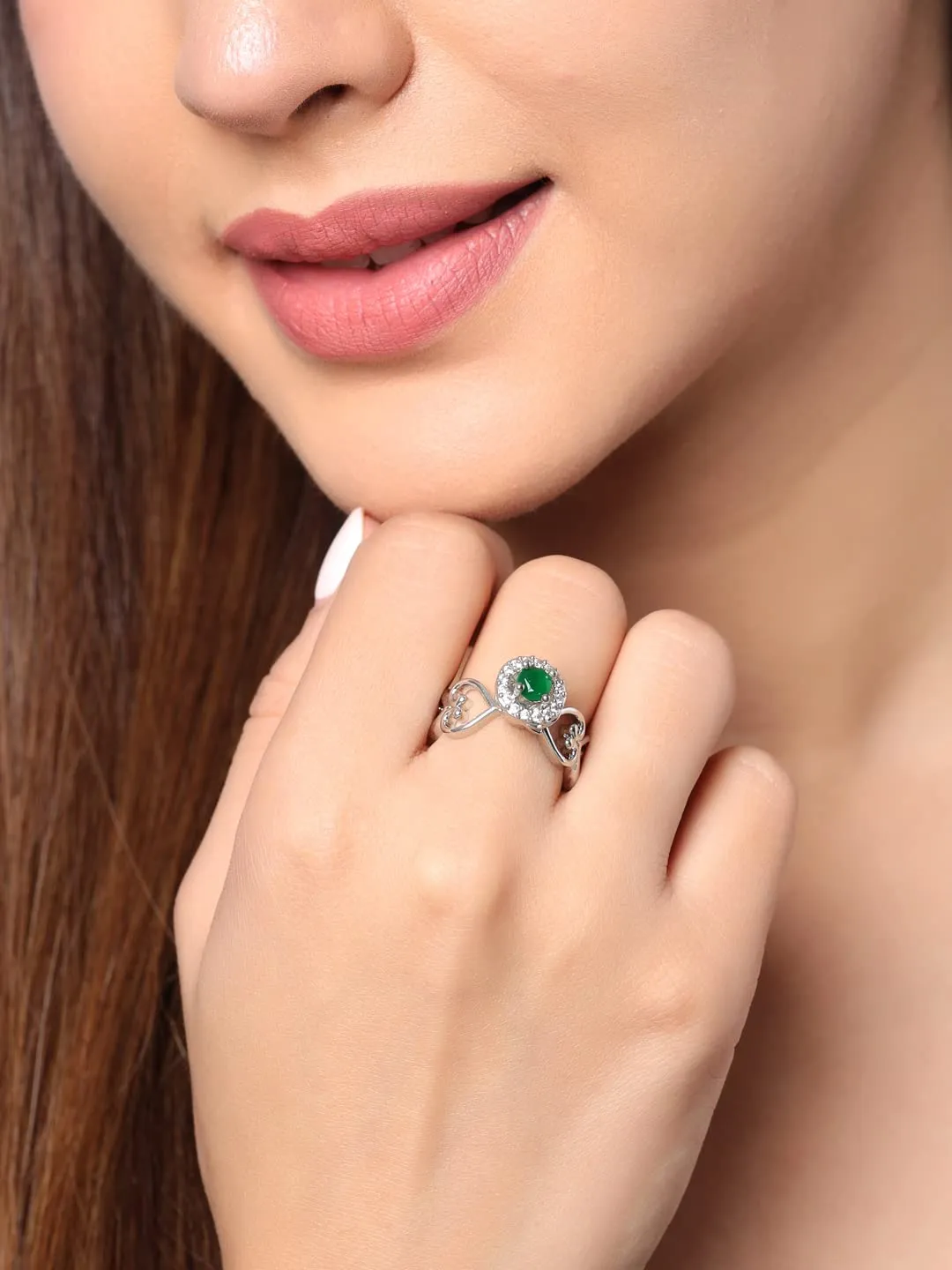 Yellow Chimes Ring For Women Silver Toned Heart Shape Pearl Green Crystal Studded Adjustable Ring For Women and Girls Valentine Gift for Girls