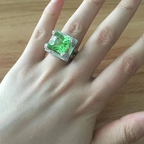 Yellow Chimes Rings for Women Silver Plated Natural Light Green Emerald Gemstones Square Shaped Crystal Rings for Women and Girl's (Size 6)